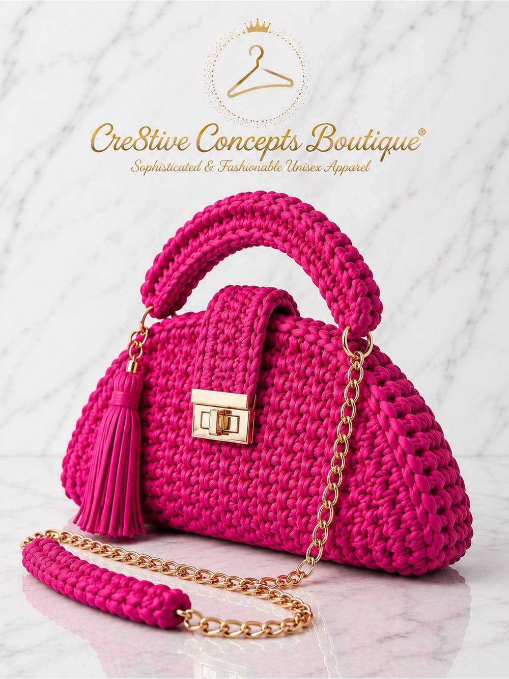 Handmade Crochet Knit, Top Handle Crossbody Satchel Bag with Gold Hardware